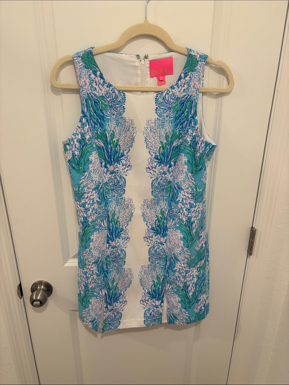 Sleeveless Printed Shift Top - White with Blue & Green Floral Pattern